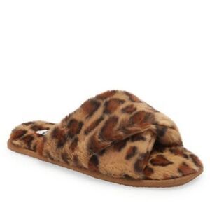 MAE CROSS STRAP FAUX FUR SLIPPER IN TAN LEOPARD Size XL 10-11